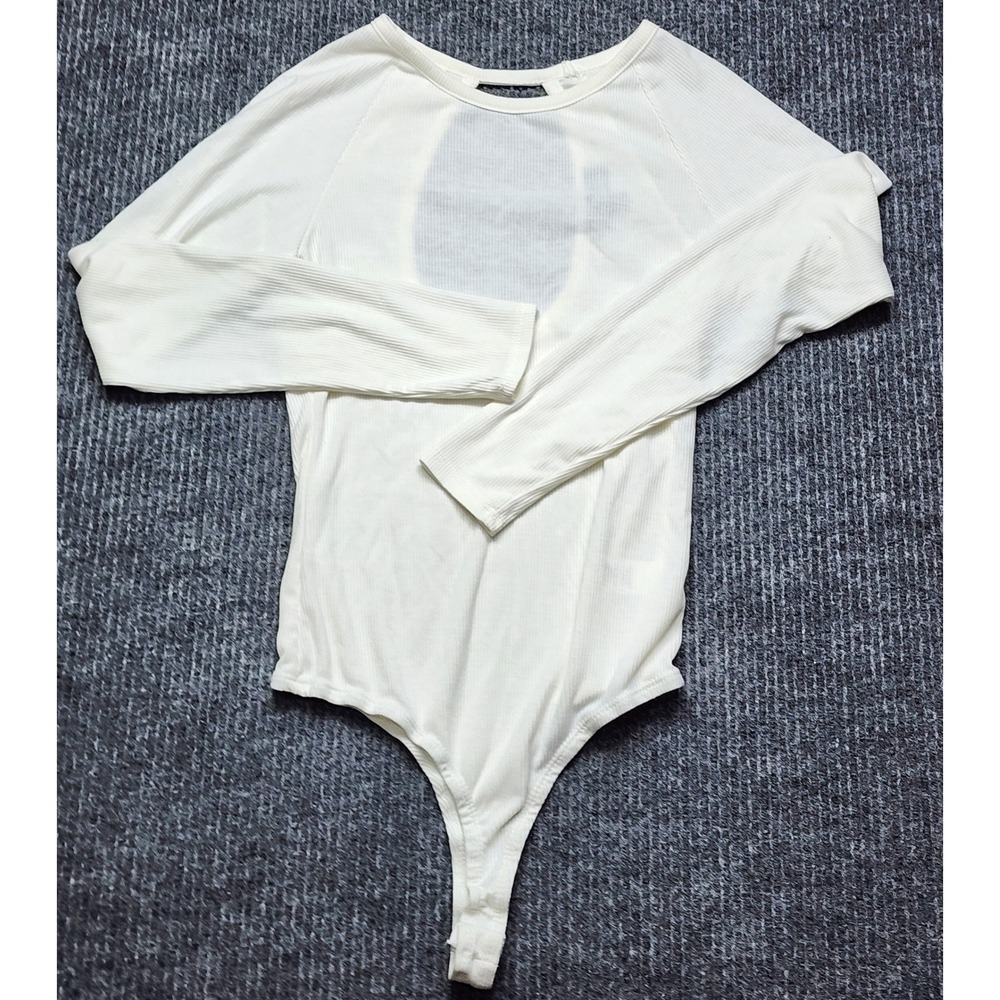 Lulus White Ribbed Long Sleeve Open Back Thong Bodysuit Medium